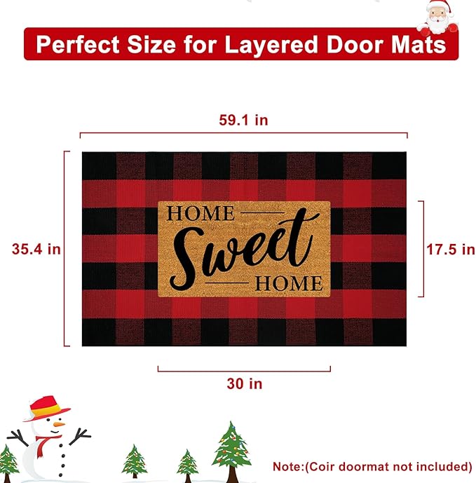 OJIA Christmas Outdoor Rug 3'x5', Red Plaid Front Door Mat Outdoor Area Rug Washable Cotton Outside Door Mats Layered Doormats Cotton Floor Carpet for Porch/Patio/Farmhouse/Entryway/Kitchen/Foyer