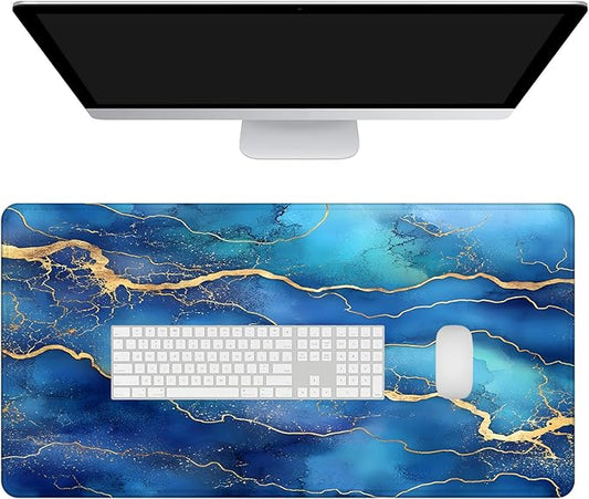 Mrcrypos Large Mouse Pad Blue Gold Marble Desk Mat for Desktop, Waterproof Desk Pad with Stitched Edges, Computer Keyboard Gaming Mouse Pads for Women Office Home 31.5" x 15.7"