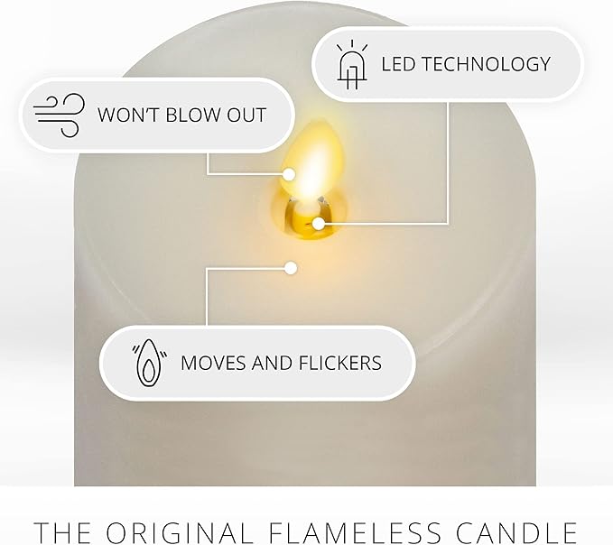 Luminara Realistic Flameless LED Candle White Set of 3, Battery Operated with Remote Control, Moving Flame Pillar Timer Funtion Melted Top Safe