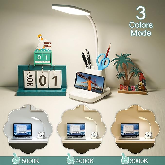 Sailstar Upgraded LED Desk Lamp with Wireless Charger, White Small Desk Light with Pen Holder, 3 Color Modes, CRI 85, 800 Lumen, Study Lamps for College Dorm Room, Home Office, Adapter Included