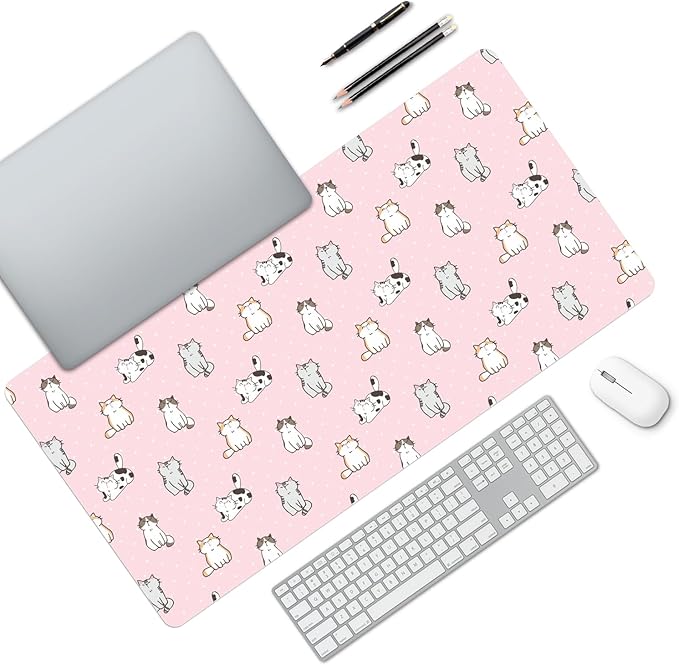 MAYCARI Cute Desk Mat Cartoon Desk Pad Mouse Pad Kawaii Large Pink Cats Gaming Mousepad XXL Laptop Keyboard Desktop Writing Pad for Girls Students 31.5"X15.7"