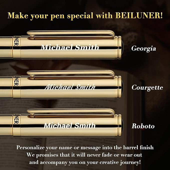 BEILUNER Personalized Gold Gel Pen, Stunning Luxury Pens with 24K Gold Finish, Black Ink Refill, Executive Gift Set for Family & Friends,Writing,Fancy,Office,Retractable, Graduation,Nice Designer Pens