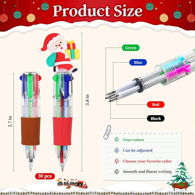 CZWZ 30Pcs Mini Multicolor Pens in One 4-in-1 Cute Pens Bulk for Kids, Ballpoint Pen for Birthdays and Children's Parties, Fun Gifts Assorted Ink Kawaii Pen(Christmas)