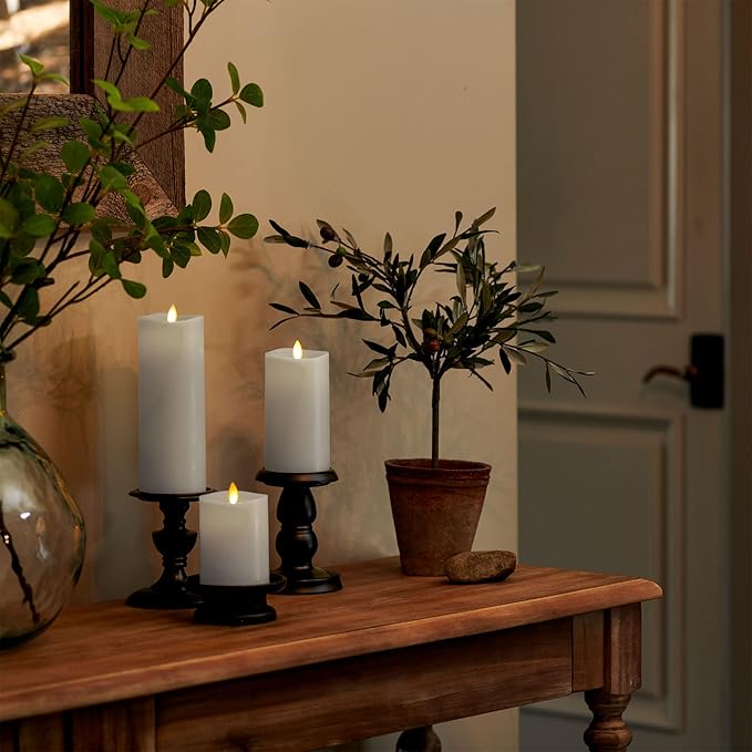 Luminara Realistic Flameless LED Candle White Set of 3, Battery Operated with Remote Control, Moving Flame Pillar Timer Funtion Melted Top Safe