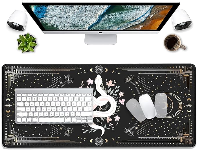 Mysterious Starry Sky Moon and White Snake Pattern Large Extended Gaming Mouse Pad E-Sports Office Desk Mat Keyboard Pad Rubber Non-Slip Computer Mouse Mat Suitable for Home Office Work(27.5X11.8 in)