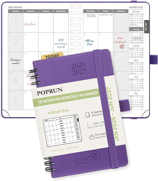 POPRUN Monthly Planner 2026-2027 (Pocket 4.25" x 6.25") 18 Months Calendar (Jan 2026 - Jun 2027) - 4 Pages per Month with Expense & Notes, Leather Cover, Sunday Starts - Purple