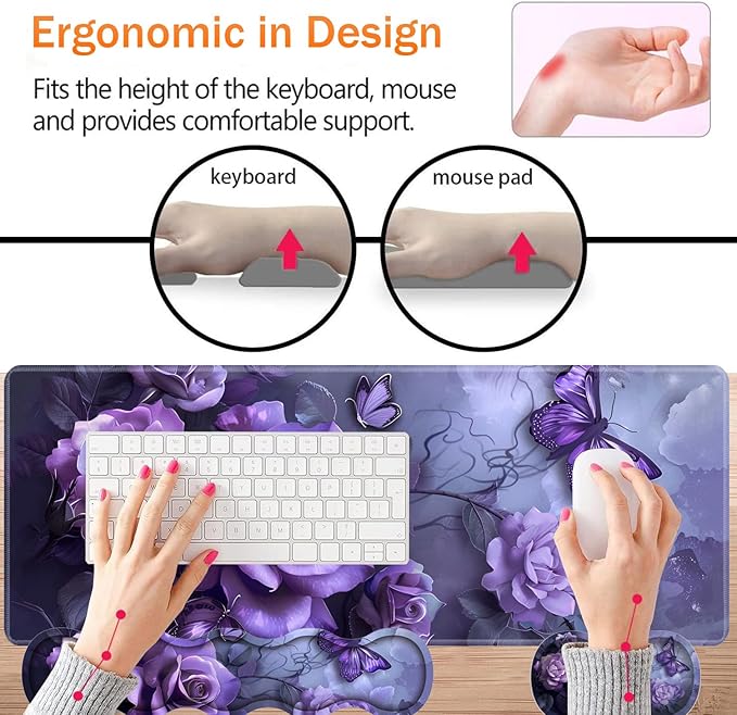 Large XXL Gaming Desk Mat 31.5"x 11.8", Ergonomic Keyboard Wrist Rest & Mouse Pad Wrist Rest + Coaster Set, Non-Slip Base, Memory Foam, Office and Home, Purple Rose