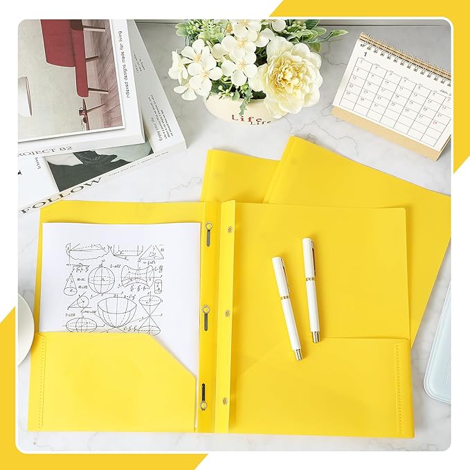 Lincia 100 Pcs Plastic Folders with Pockets and Prong Folders with Prongs Plastic Folders with 2 Pockets Pocket Folders for Office, School for Students, Teachers, Office Workers (Yellow)