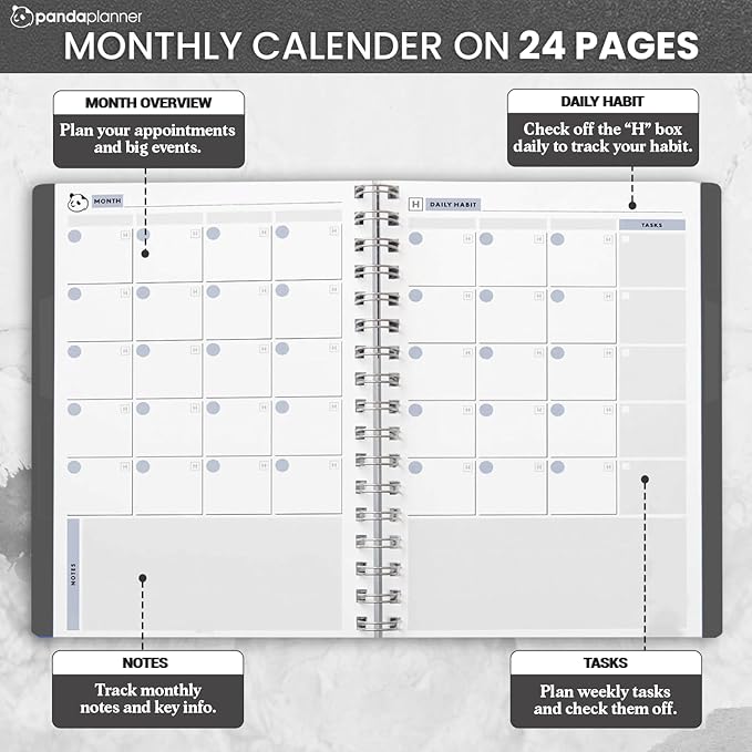 Panda Planner 2025-2026 Undated Weekly Planner – Spiral Bound 5.75" x 8.25" with 52 Weeks, Habit Tracker & Weekly To-Do Lists – Productivity Planner & Academic Organizer for Home, Office & School (Black)