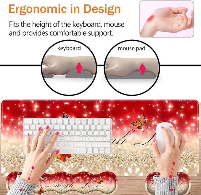 Large XXL Gaming Desk Mat 31.5"x 11.8", Ergonomic Keyboard Wrist Rest & Mouse Pad Wrist Rest + Coaster Set, Non-Slip Base, Memory Foam, Office and Home, Live Laugh Love