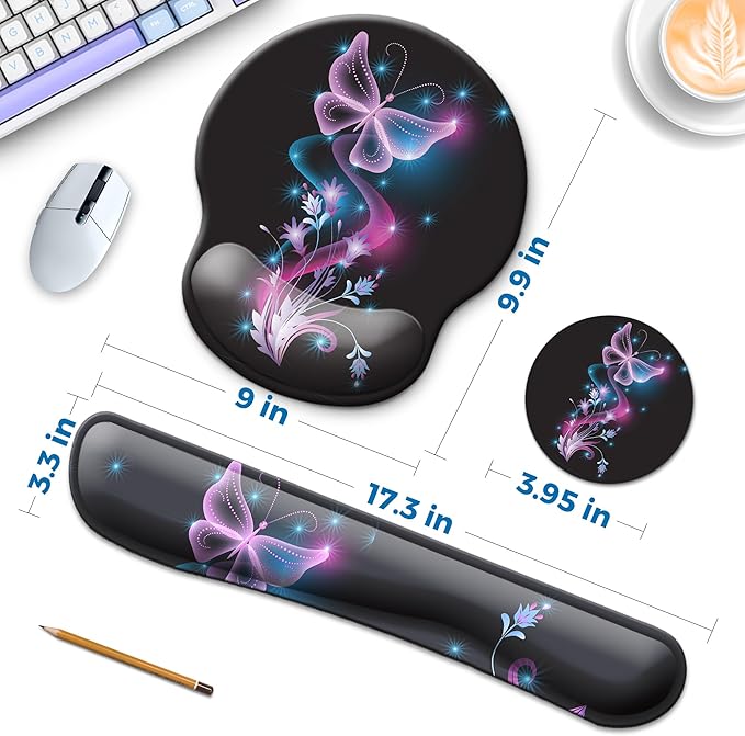 Mouse Pad and Keyboard Wrist Rest Support, with Non-Slip PU Base,Gel Mouse Pad with Coaster,Pain Relief for Gaming, Computer,Office -Vector Butterflies