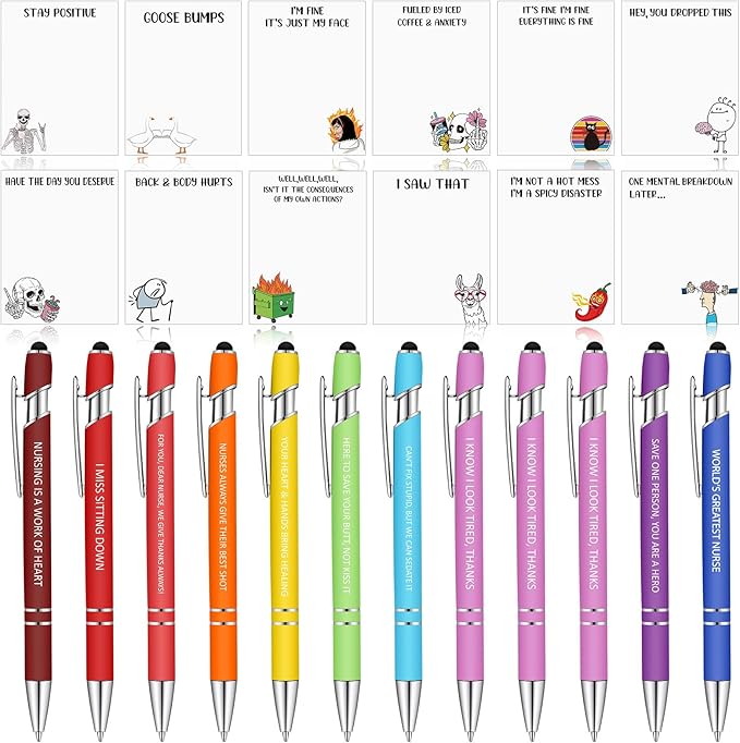 Geyee 24 Pcs Amusing Nurse Sticky Notes with Funny Pens Fun Notepads for Adults Coworkers Nurse 3 x 4 Inch to Do List Notepads with Sayings Pen for Lab Week Gifts Teacher Office Supplies