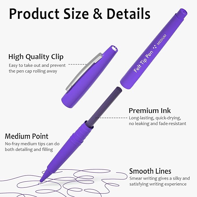 Lelix Felt Tip Pens, 30 Purple Pens, 0.7mm Medium Point Felt Pens, Felt Tip Markers Pens for Journaling, Writing, Note Taking, Planner, Perfect for Art Office and School Supplies
