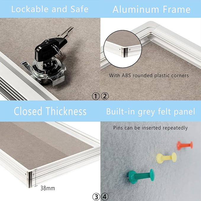 Lockable Waterproof Gray Bulletin Board with an Aluminum - Framed Comes with Mounting Screws. Perfect for School Classrooms and Offices. Wall - Mount it to Display Pictures 36x24 Inches (Felt Board)