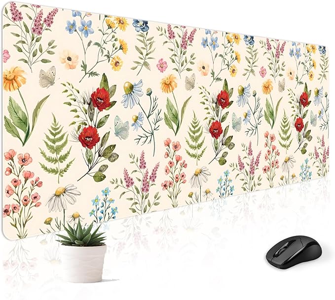 Mousepad Desk Mat Gaming Large Keyboard Cute Office Desktop Computer Laptop XXL Long Big Kawaii Aesthetic Girly Pretty Design Women Girl Gamer Oversized Wide 30x12'' Mousepad, Plant Flower