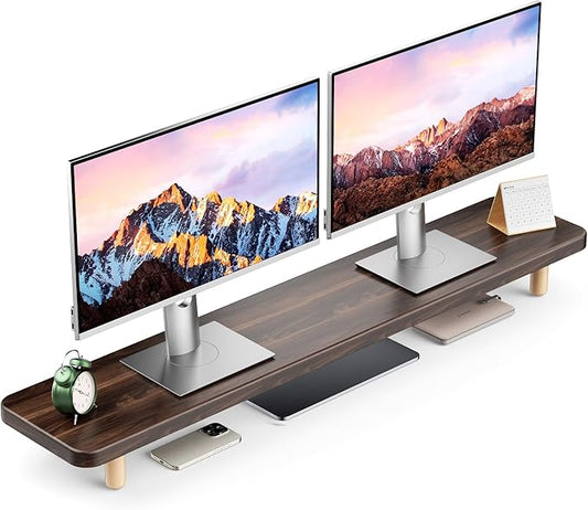 Dual Monitor Stand Riser, 39 Inch Extra Long Wooden Desktop Monitor Riser with Storage for 2 Monitors Ultra Strong Desk Shelf Organizer Riser Ergonomic for 2 Screens/Laptop/PC/TV/Printer, Large, Dark Walnut