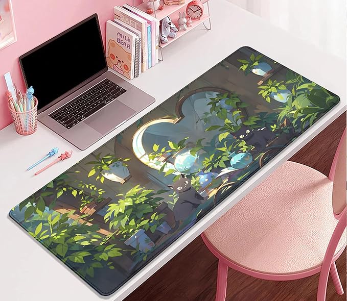 Lofi Cat Mouse Pad Green Plant Desk Pad,Black Cat Extended Gaming Mouse Mat with Stitched Edges Non-Slip Waterproof Rubber Base Mous Mat for Office,Computer,Keyboard,Laptop,Home Desk Pad(27.5X11.8 in)
