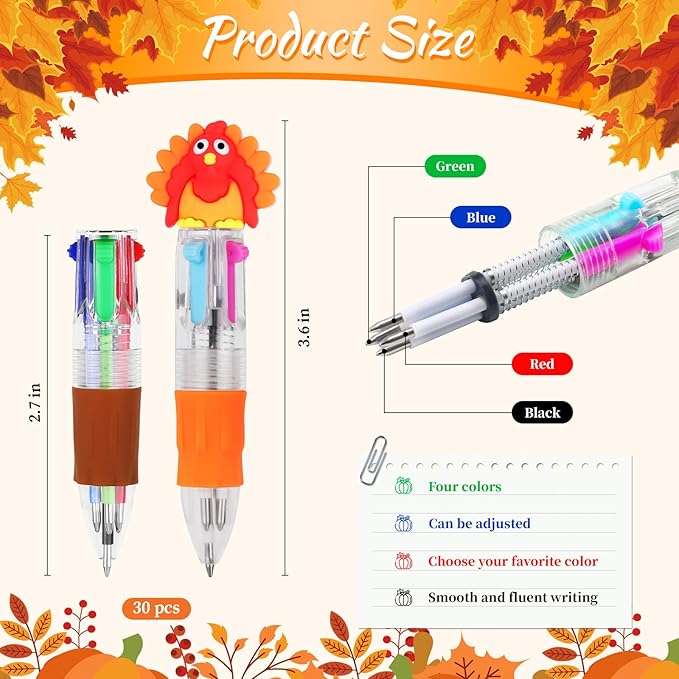 CZWZ 30Pcs Mini Multicolor Pens in One 4-in-1 Cute Pens Bulk for Kids, Ballpoint Pen for Birthdays and Children's Parties, Fun Gifts Assorted Ink Kawaii Pen(Thanksgiving)