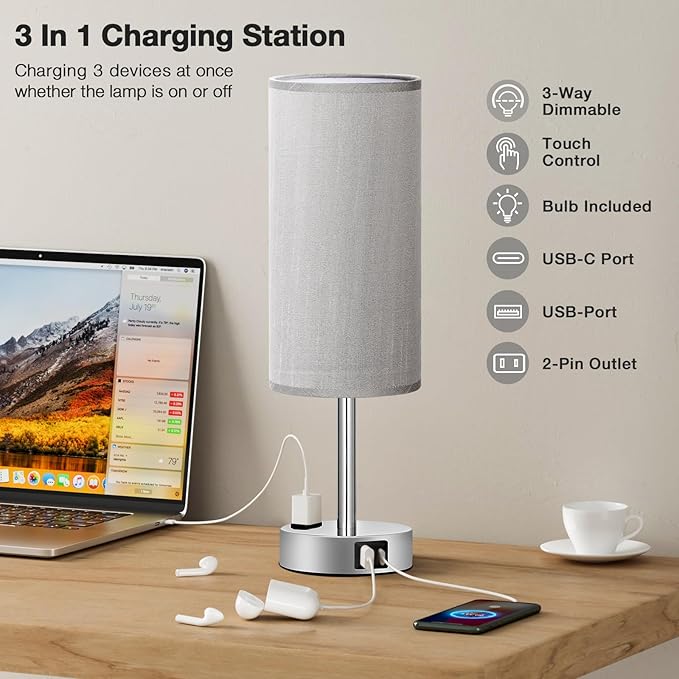 Fenmzee Grey Nightstand Table Lamp for Bedroom - 3 Way Dimmable Bedside Lamp USB C A Charging Ports and AC Outlet, Small Table Lamp Silver Base for Living Room, Office Desk, LED Bulb Included