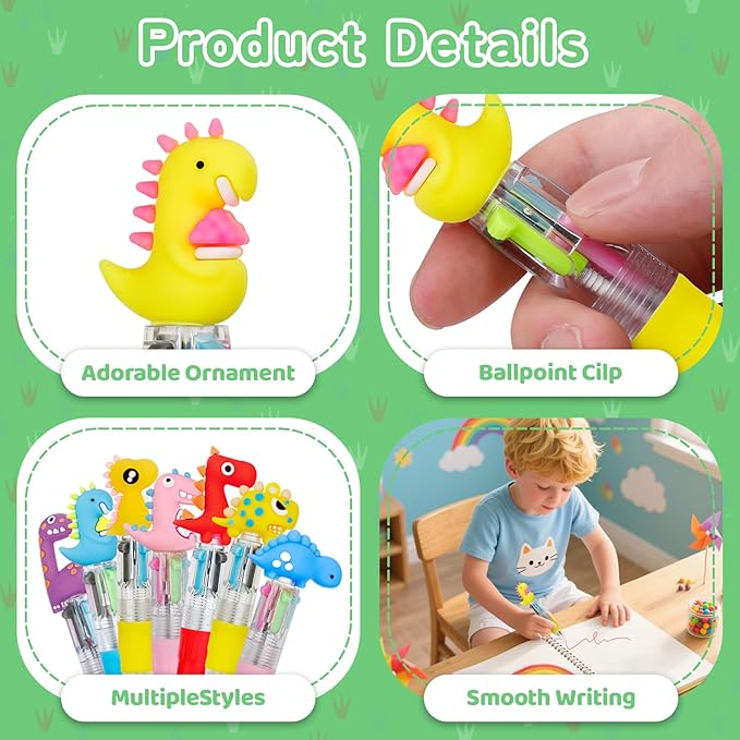 CZWZ 30Pcs Mini Multicolor Pens in One 4-in-1 Cute Pens Bulk for Kids, Ballpoint Pen for Birthdays and Children's Parties, Fun Gifts Assorted Ink Kawaii Pen(Dinosaur)