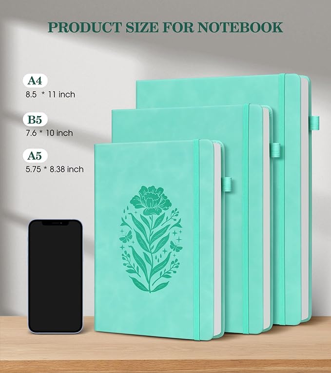 Lined Journal Notebook for Women, A5 Green Hardcover Leather Journals for Writing, 200 Pages Travel Daily Journal,Thick College Ruled Notebook for Work School, Note Taking, Business 5.75'' X 8.38''