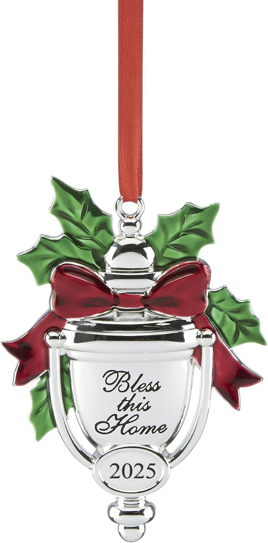 Lenox Ornament, 2025 Bless This Home Silverplate Ornament, Made of Silverplate/Stainless Steel, Christmas Tree Decorations with Red Ribbon for Hanging, Festive Winter Decorations (Silver, 1 Piece)