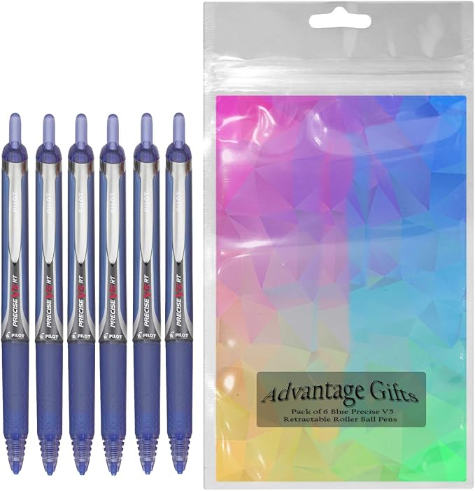 Precise V5 RT Retractable Rolling Ball Pens, Extra Fine Point (.5mm), Blue Ink, 6-pk; Premium Comfort Grip, Bundle with Plastic Reusable Pouch