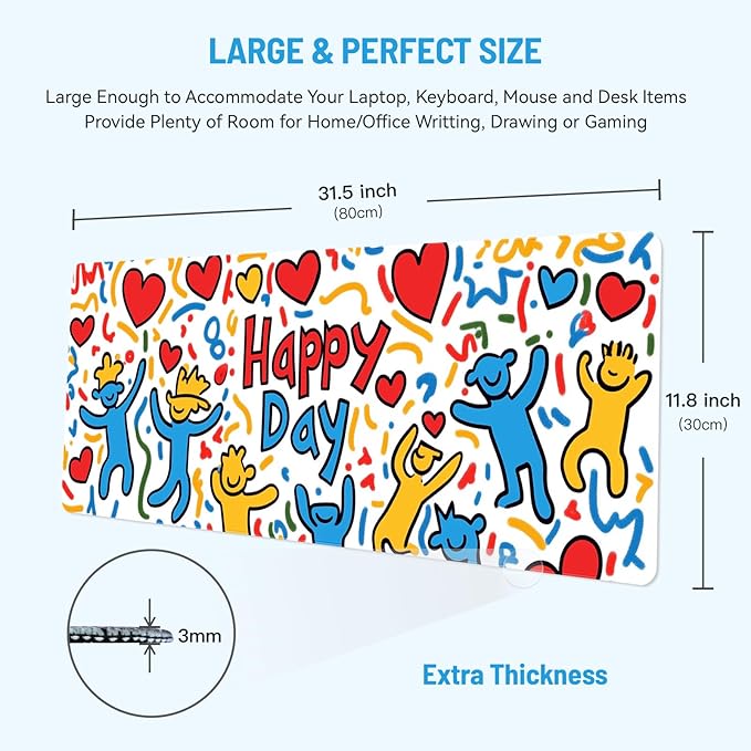 Mousepad Desk Mat Gaming Large Keyboard Cute Office Desktop Computer Laptop XXL Long Big Kawaii Aesthetic Girly Pretty Design Women Girl Gamer Oversized Wide 30x12'' Mousepad, Happy Day