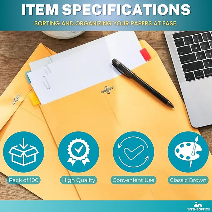 1InTheOffice Clasp Envelopes 10x13, Catalog Envelopes, Heavy-duty Clasp and Gummed Closure, Brown Kraft, 100/Pack