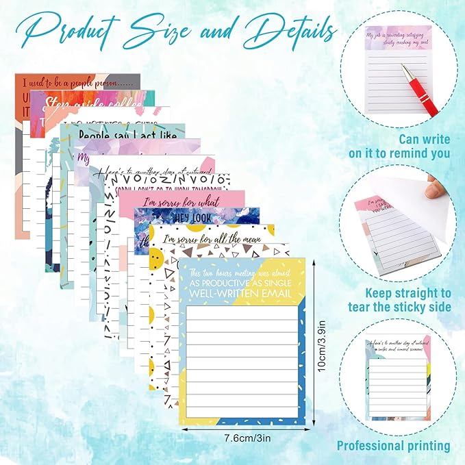 Geyee 24 Pcs Funny Sticky Notes with Funny Pens Fun Notepads for Adults Coworkers Nurse 3 x 4 Inch to Do List Notepads with Sayings Pen for Lab Week Gifts Teacher Office Supplies