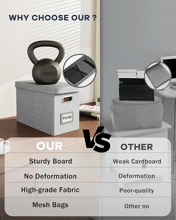 Oterri Hanging Filing File Box with Mesh Pocket, File Organizer Box with Lid, Collapsible Document Organizer Box for Letter Size, Easy Slide Durable Storage Box for Office/Decor/Home (2 PCS, Grey)