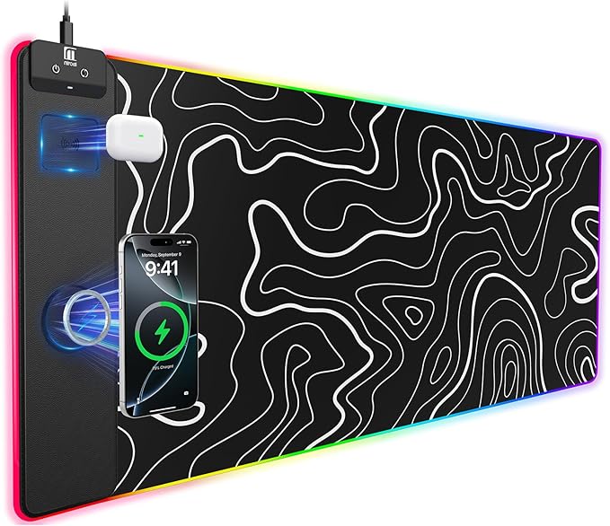 Mouse Pad with Magnetic Wireless Charging, Large Desk Pad Protector, RGB Black Mousepad Desk Mat with 15W Fast Charger, 4mm Thick Non-Slip, Waterproof Laptop Writing Pad for Office, Home, Gaming