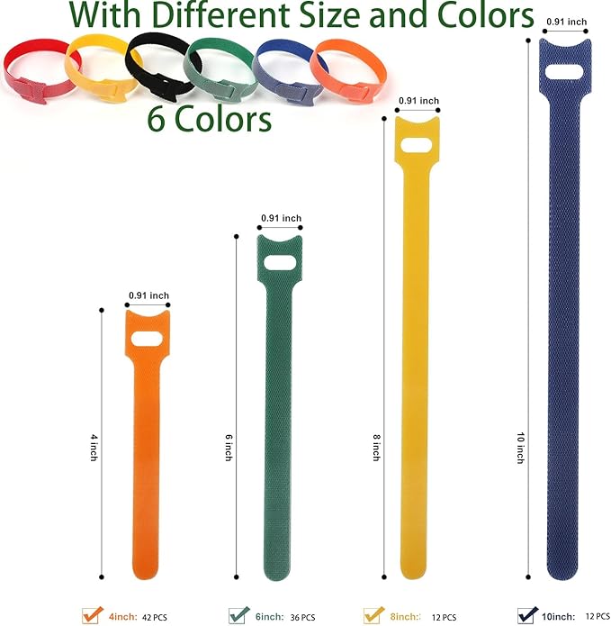 102 Pcs Cable Ties, 4+6+8+10 inch Reusable Multi-Colour Cable Ties Wire Ties Cord Organizer Cable Organizer Adjustable Cable Management for Cable Management