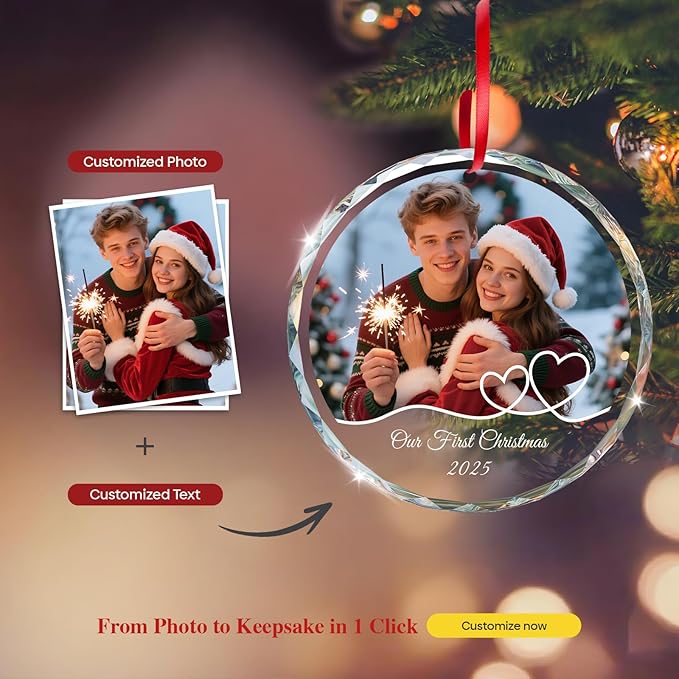 Personalized Christmas Ornaments 2025 - Custom Christmas Ornament Crystal - Photo Ornament for Xmas, Anniversary, Wedding - Personalized Gifts for Family, Couple, Boyfriend, Girlfriend (3.15")