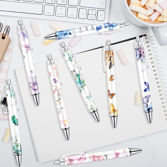 Butterfly Inspirational Ballpoint Pens - 24PCS Butterfly Print Pens Set Retractable Positive Flower Pens Smooth Writing Floral Pens for Office Stationery School Supplies for Women Teacher Gift