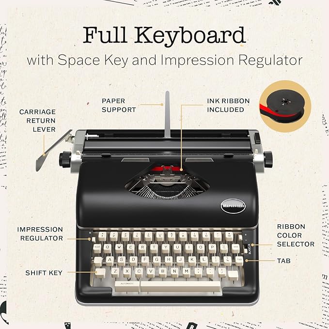 Maplefield Vintage Manual Typewriter - Quiet Mechanical Typing & Office Supplies - Decorative Desk Accessories & Vintage Decor - Author Gift & Writing Inspiration - Black