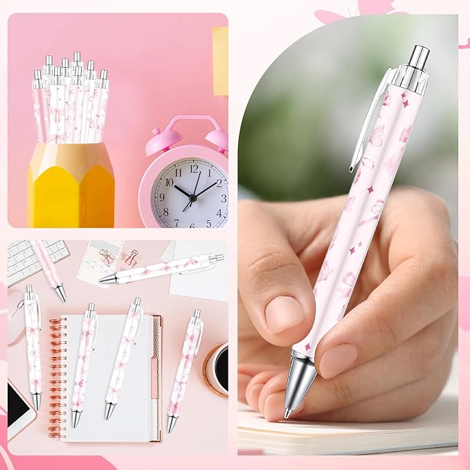 Coquete Bows Ballpoint Pens - 24PCS Pink Ribbon Bows Pens Set Cute Cherries Smooth Writing Pens Retractable Pink Conquette Bow Pen for Office Stationery School Supplies for Women Teacher Gifts
