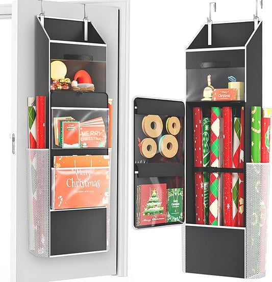 Ofiray-home 2-in-1 Wrapping Paper Organizer Storage, Over Door or Under Bed Organizer with Removable Drawer & 4 Clear Pockets Wrap Storage for Ribbons, Bows, Ornament and Other Tools