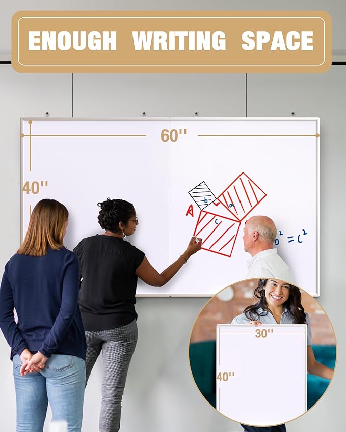 60"X 40" Large Magnetic Dry Erase Whiteboard, Wall Hanging Board with 8 Pens & 4 Dry Erasers & 30 Magnets, Sliver Aluminum Frame White