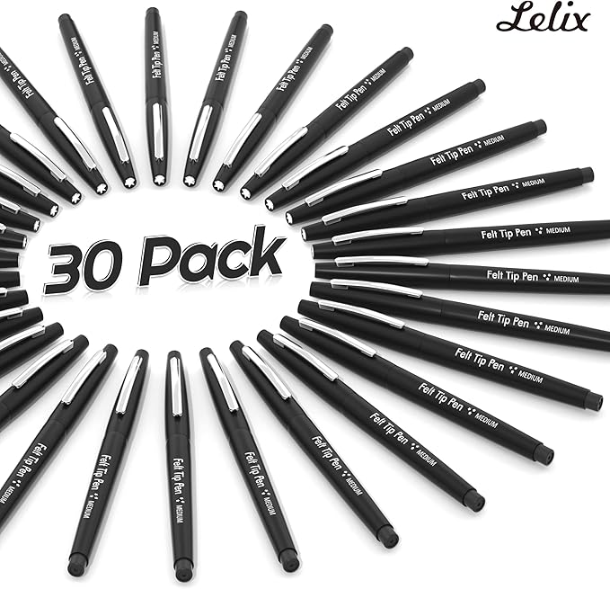 Lelix Felt Tip Pens, 30 Black Pens, 0.7mm Medium Point Felt Pens, Felt Tip Markers Pens for Journaling, Writing, Note Taking, Planner, Perfect for Art Office and School Supplies