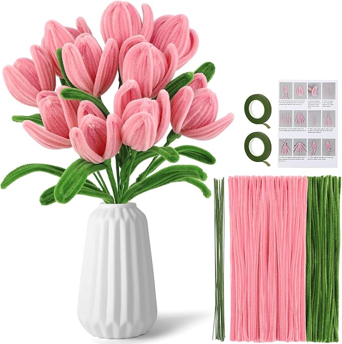Pipe Cleaner Flowers Pink Pipe Cleaners Set Chenille Stems Green Pipe Cleaner Flower Kit Pipe Cleaners Bulk with Floral Wire Instructions for DIY Art and Craft Projects Creative(10 Flowers)