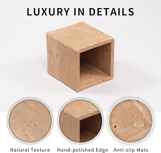 Marble Makeup Brush Holder - Travertine Candle Toothbrush Cup for Bathroom Accessories, Decorative Pencil Organizer for Office Desk Aesthetic, Stone Utensil Container for Kitchen