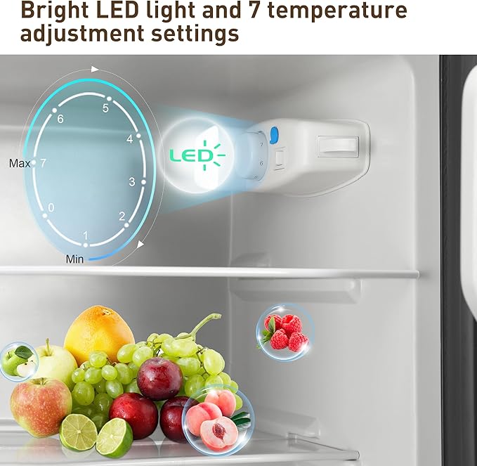 Mini Fridge with Freezer, 3.3 Cu. Ft. Double-Door Small Refrigerator with Adjustable 7-Level Thermostat & Separate Freezer, Dorm Fridge Compact for Kichen, RV, Office, Apartment, Wood