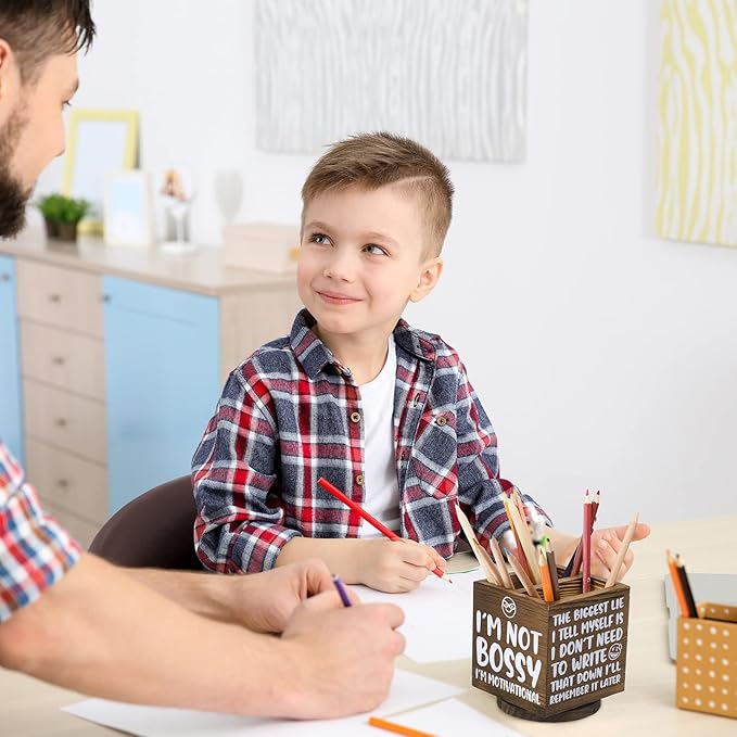 Wooden Spinning Pen Holder for Desk I'll Remember It Later Pencil Holder Cute Organizer Funny Desk Decor Pencil Case Art Supply Storage Box for Home Office (Brown)