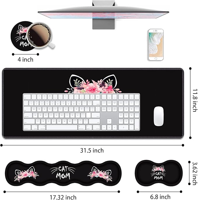 4 in 1 Ergonomic Keyboard Wrist Rest & Mouse Pad Wrist Rest Set, Large XXL Gaming Desk Mat 31.5"x 11.8" with Non-Slip Base, Memory Foam for Home Office Study Gaming, Cat Mom Floral