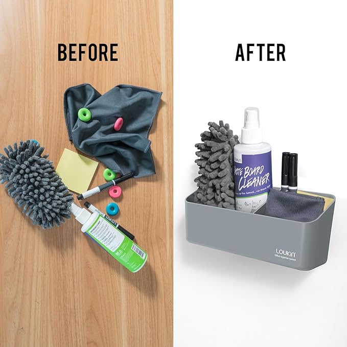 loukin Magnetic and Adhesive Marker Holder, Dry Erase Accessory Tray, Magnetic Storage Organizer for Whiteboard, Glass or Refrigerators (Grey)