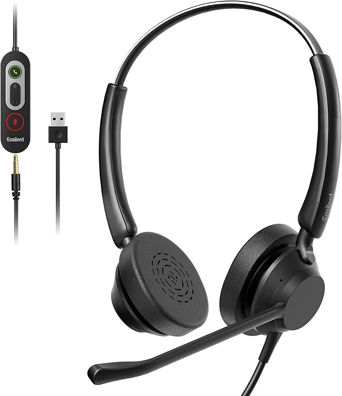 Lightweight Wired Headset with Microphone for PC, USB Headset with Noise Canceling Mic & in-line Control for Meetings, Computer Headset for Work, Office, WFH, Teams, Zoom, 3.5mm/USB-A