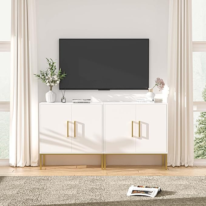 LYNSOM Storage Cabinet with Doors, Set of 2, Modern Buffet Cabinet with Storage, Kitchen Sideboard Buffet, White Wood Accent Cabinet for Living Room, Bedroom, Hallway, Entryway, Office, White