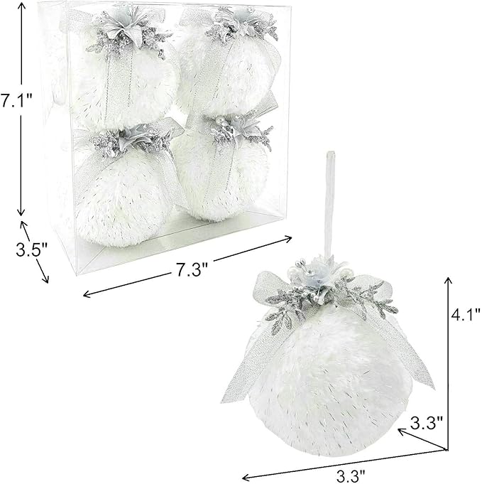 Nature Vibe Set of 4 Faux Fur White Christmas Ornaments Box Pack,Christmas Balls with Silver Accent as Christmas Tree Decorations or Winter Wonderland Decorations
