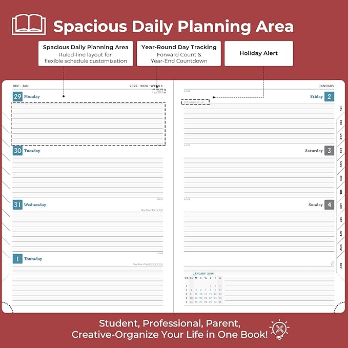 IN-LUXPRO Weekly Monthly 2026 Planner (Jan.26-Dec.26),8.5"x6.5",12 Months Agenda Plan with Month Tabs & Pocket,Expenses/Note Pages, Appointment Book Calendar with Hardcover Vegan Leather Cover,Red